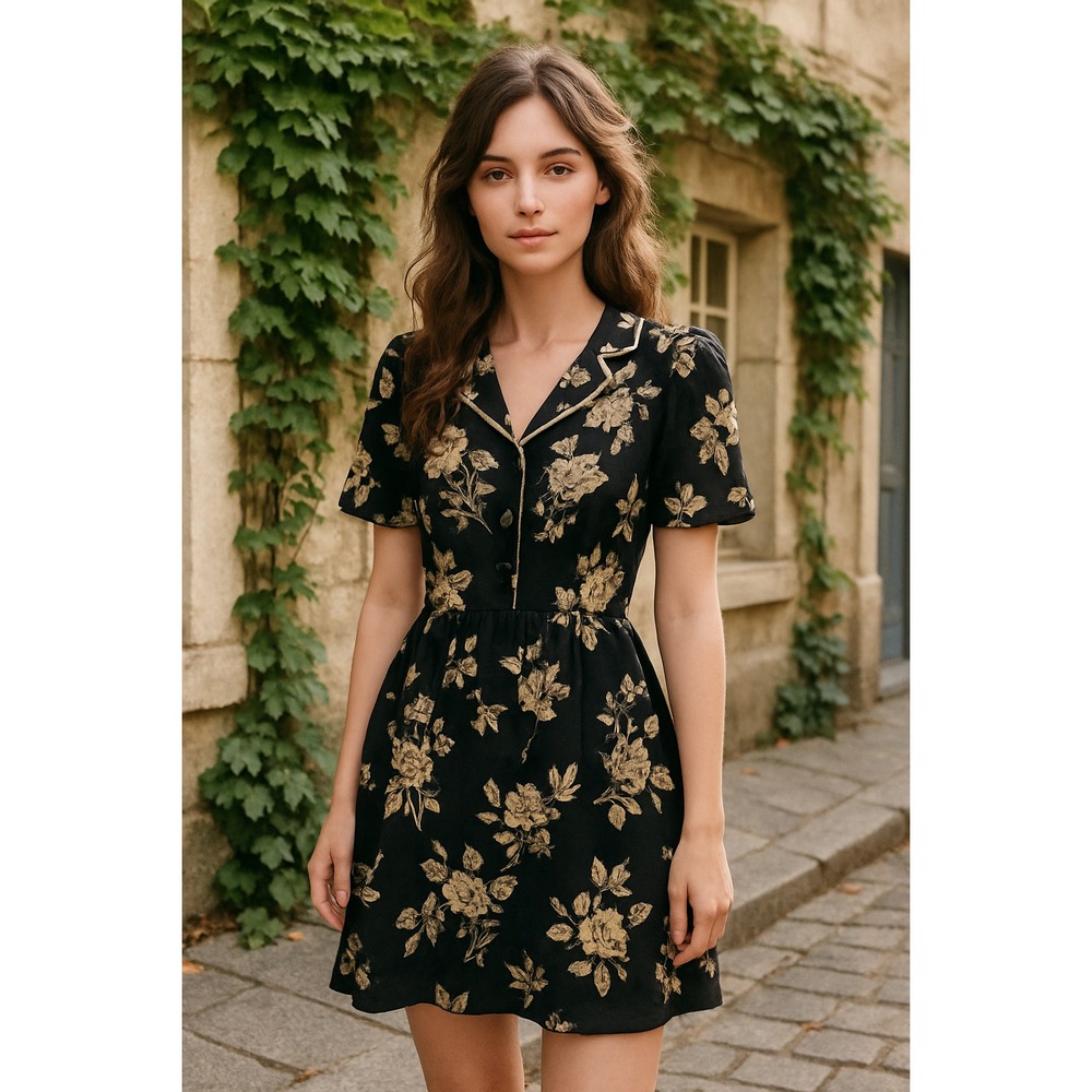 Vintage 90s Eileen West Black Tan Floral Button Front Midi Dress S Cottagecore